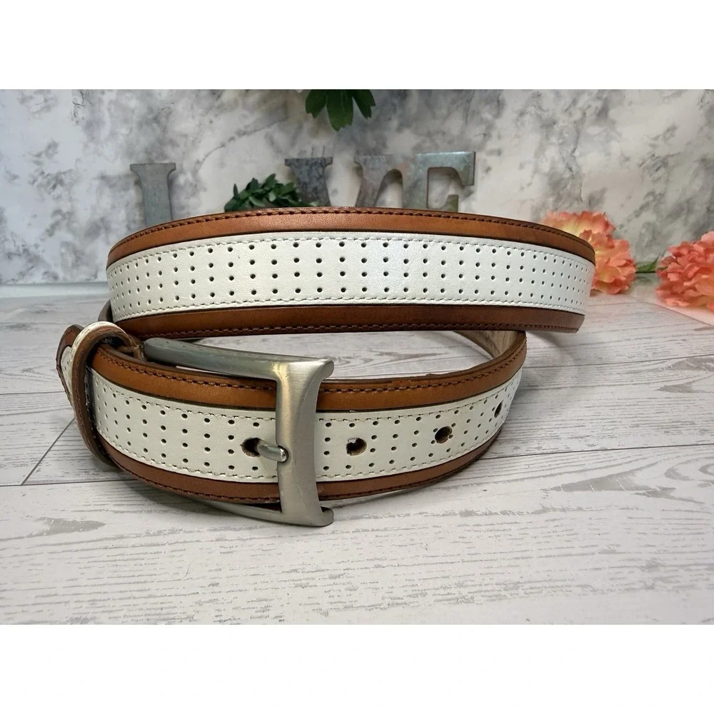 Vintage Brown and Ivory Perforated Leather Belt Men 45